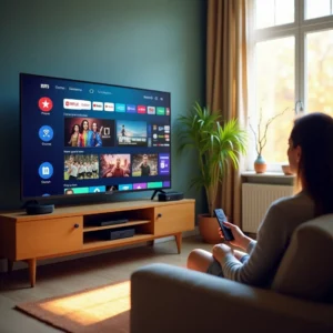Salon moderne avec Smart TV affichant une interface IPTV, une personne détendue sur le canapé avec une télécommande, ambiance numérique en 2025.