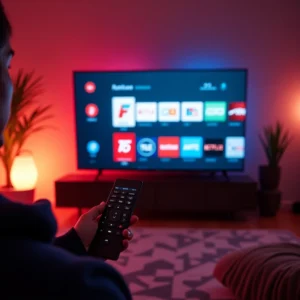 Salon moderne avec télévision connectée affichant des chaînes françaises populaires comme Canal+, TF1, M6 et Netflix, interface IPTV visible à l’écran, ambiance cosy et éclairage cinématographique.