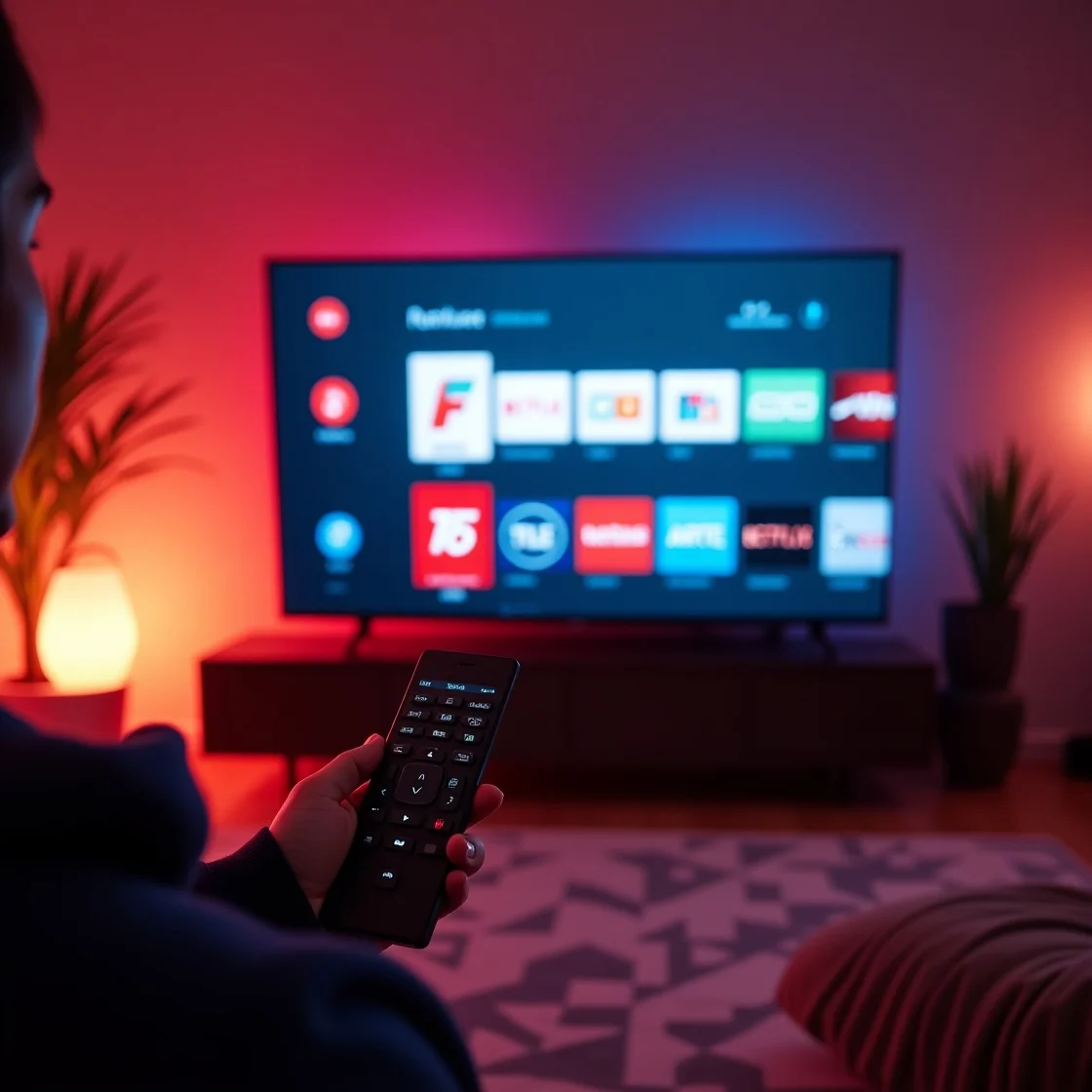 Salon moderne avec télévision connectée affichant des chaînes françaises populaires comme Canal+, TF1, M6 et Netflix, interface IPTV visible à l’écran, ambiance cosy et éclairage cinématographique.